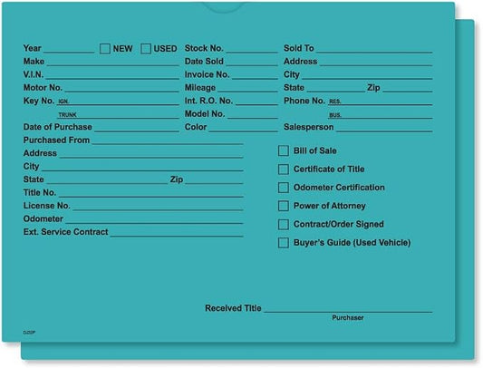 Printed Vehicle Deal Jackets Envelopes Folders for Auto Car Dealerships - 9x12 Size - Dealer Supplies - New and Used Cars - 100 Quantity (Teal)