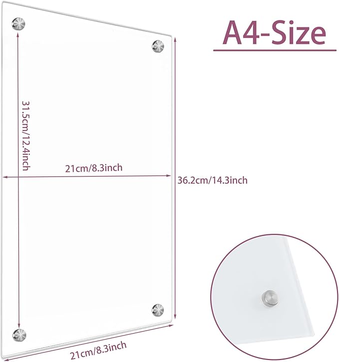 TORASO Glass Dry Erase Board for Wall, Glass Dry Erase Board WhiteBoard, 13.6" x 8.3" A4 Size, Hang Papers for Home, Office, School (BB-WH-A4)