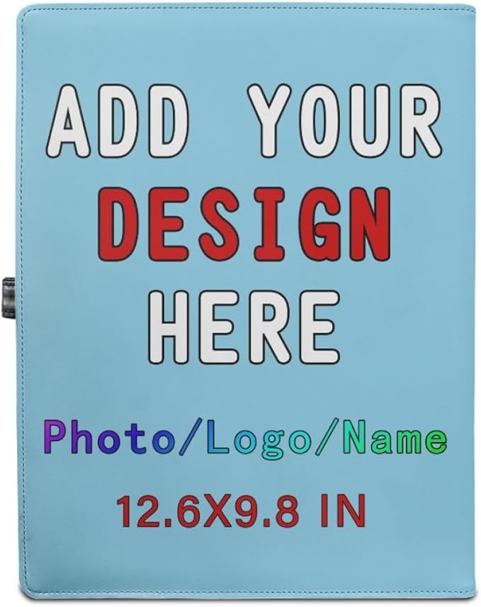 Personalized Padfolio Clipboard Folder Add Your Own Logo Text Text, Custom Leather Portfolio for Men Women with A4 Size Clip Board, SkyBlue