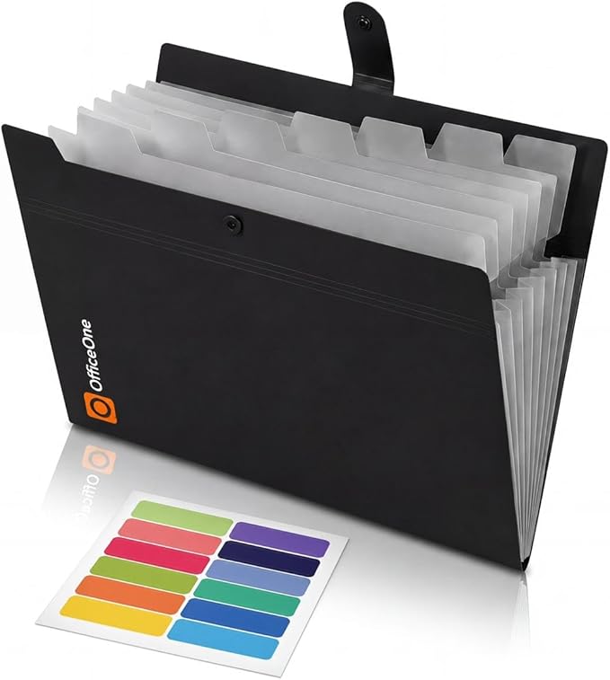 OfficeOne 8-Pocket Expanding File Folder, A4 Letter Size Accordion Document Organizer with Snap Closure, Labeled Tabs & Customizable Color-Coding Stickers, Home Office School (Jet Black)