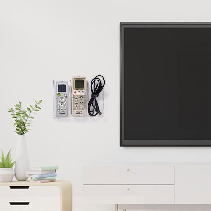 Yeeco Acrylic Remote Mount 3 Compartments, Clear Remote Control Holder, 7.9''1.6''5.6'' Wall Mount, Pen Holder for Wall, Makeup