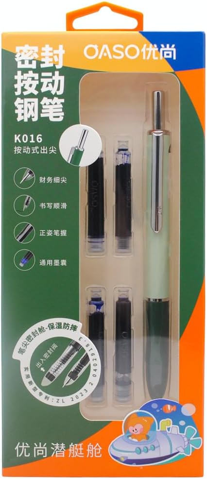OASO K016 Retractable Fountain Pen Set 0.5mm with 4pcs Blue Ink Cartridges Smooth Writing for School Students (Deep Sea Green)