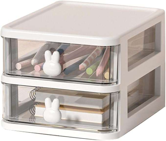 Plastic Desktop Storage Box Drawers, Stackable Desk Organizer with Bunny Handle Desktop Drawers Multi Tier for Office School(Clear) (White)