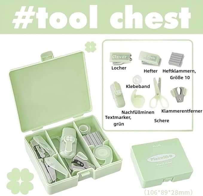 Staple Remover, Hole Punch & Stapler Set - 8-Piece Writing Set with Lucky Clover Design in Practical Storage Box