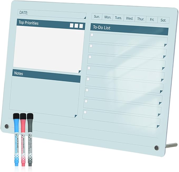 Acrylic Dry Erase to-Do List Board with Top Priorities Notes, 9x13 Desktop Whiteboard Planner with Stand, Clear Acrylic Task Organizer for Office/Home/School, Includes 3 Dry Erase Markers (Blue)