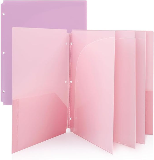 Plastic Pocket Folders，2 Pockets and 3 Dividers, Letter Size – Fits 3-Ring Binders – School Folders for Students & Office Use – Pink & Purple