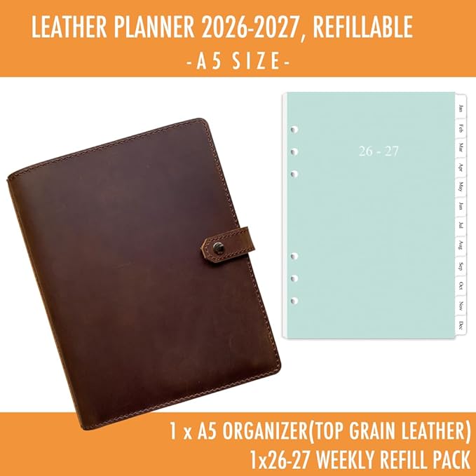 2026-2027 Leather Planner - A5 Genuine Leather Binder Planner with Weekly & Monthly Pages for Men and Women, Inner Pockets and Pen Holder, Refillable