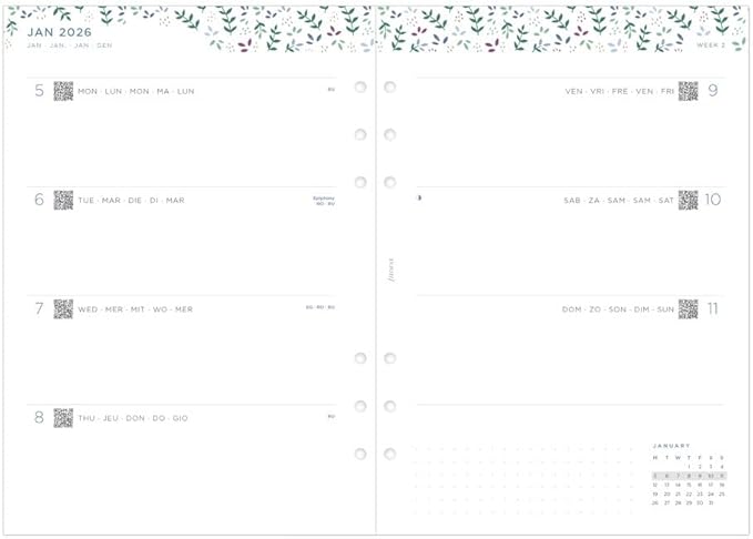 Filofax Calendar Diary Refill, A5 Size, Week-to-View, Garden Minimal Diary Pack, Multilingual: Five Languages, 2026 (C68592-26)