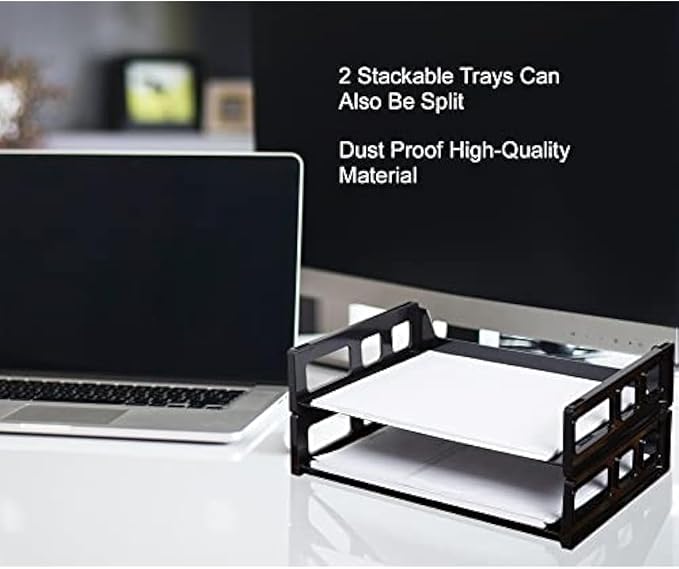 Stackable Desk Tray Organizer Black - Plastic Paper Tray for Letter Size Documents, Desktop File Organizer with 2 Sections, Home, Office, School Desk Paper Organizer - Pack of 8