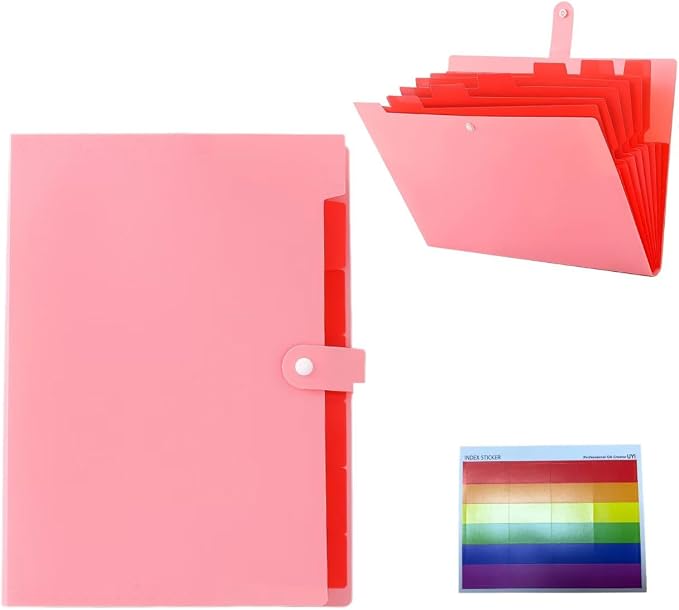 Pink Accordion File Folder,8 Pockets Expanding File Organize with Labels,A4 Letter Size Paper Document Receipt Organizer Accordion Filing Folder for Classroom,Home,Office