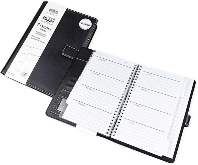 See It Bigger Medium 15-Month Undated Padfolio Planner – 9" x 7" Monthly & Weekly Dated Organizer with Removable Lined Notebook, Interior Pockets, and Large Print for Work & Personal Use