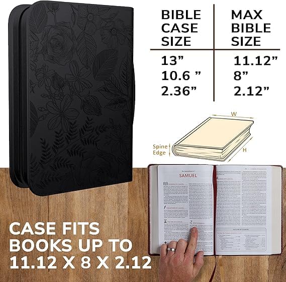 DEHITE Bible Cover Case for Women — Bible Carrying Case for Woman — Black Extra Large Holder Bag — Fits Book 11.1x8x2.1 in — Pen Slots — Zippered Pocket — Premium Faux Leather — Christian Gift