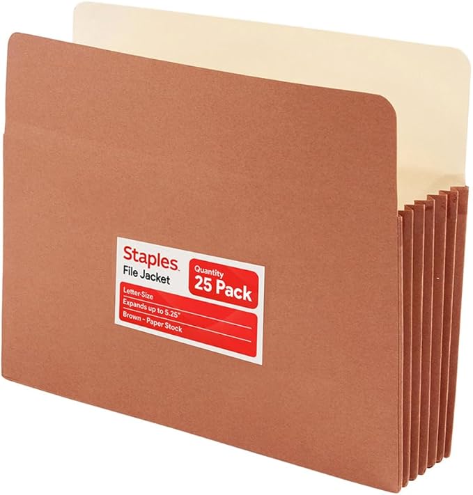 Staples Reinforced File Pockets, Letter Size, 3.5‑Inch Expansion, Heavy‑Duty Brown Accordion Files for Organization – 25/Pack