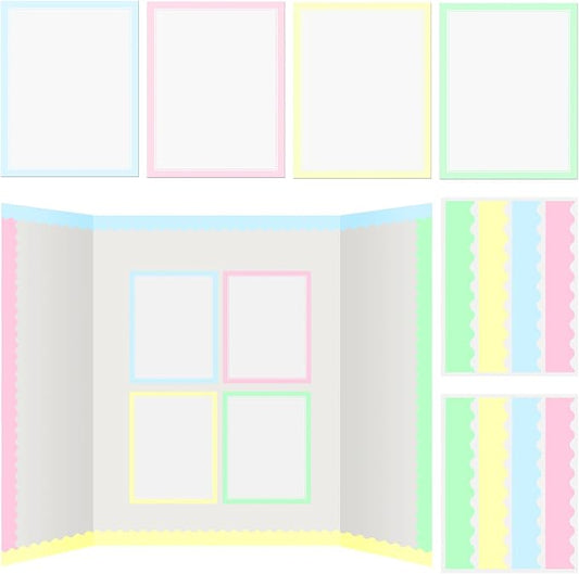 Henoyso 100 Pcs Science Fair Board Supplies Back to School Include 80 Trim Scalloped Bulletin Borders 20 Project Printable Adhesive Paper for Classroom Office Display(Macaron Color)