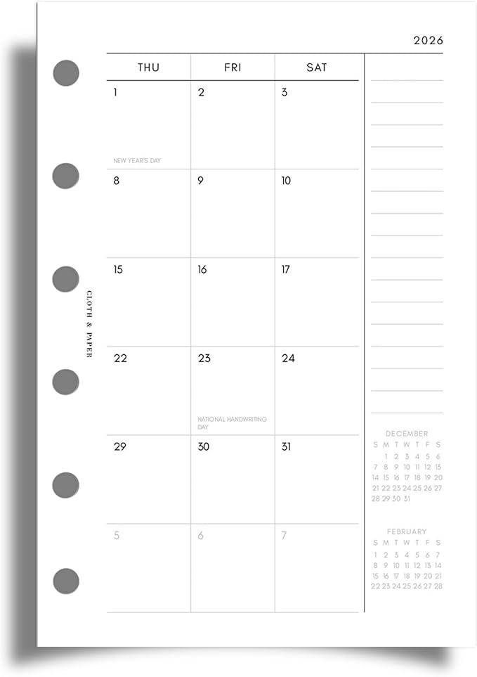 2026 Cloth and Paper Year Dated Monthly Planner Inserts | Sunday Start (Pocket-FBM, white)