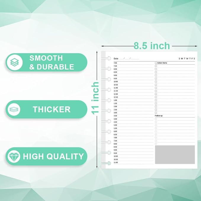 Letter Size Undated Daily Planner Refills, A4 Disc Paper for TUL System, 11 Disc Planner Inserts, Total 100 Sheets/200 Pages, College Ruled, 8.5 X 11 Inch, Undated Planners Refills