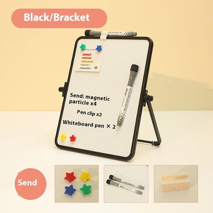 Double-Sided Magnetic Whiteboard - 17×21.3cm (6.7×8.4in) with Stand | Includes 2 Dry Erase Markers & 4 Magnets | Portable Desktop Board for Office Home School (Black)