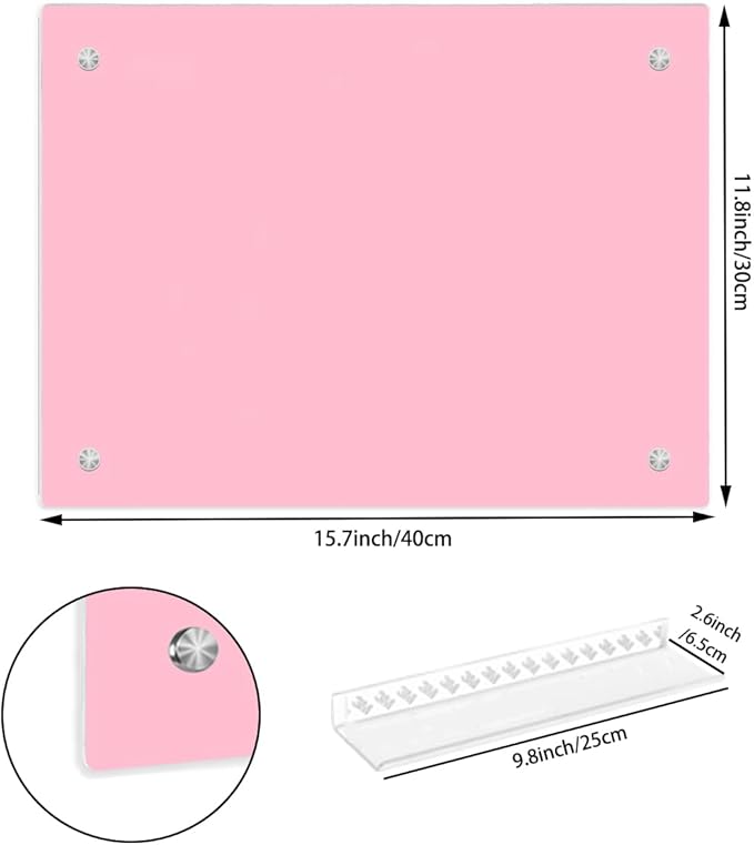 Pink Glass Dry Erase Whiteboard, 12" x 16" Frameless Glass White Board for Home,School,Office,Pink Surface