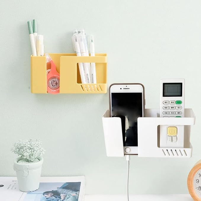 White Remote Control Holder - Adhesive Wall Mount Storage Box for Home Office Bedroom Living Room Remote Control Organizers Glasses Cell Phone Cosmetic Small Items Storage Supplies （2 Pack）