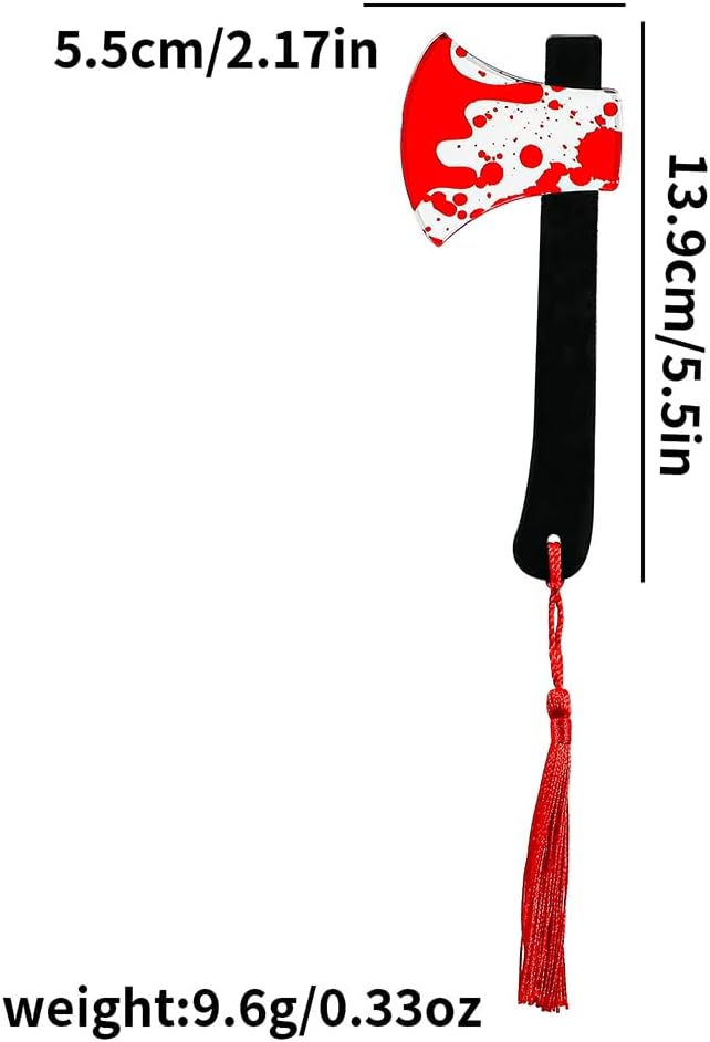 Horror Novelty Bookmark Set - Creepy Tool Shapes with Blood Stain Design, Gothic Book Accessories for Halloween Gifts, Macabre Metal Page Holders with Red Tassels (1pc Axes)