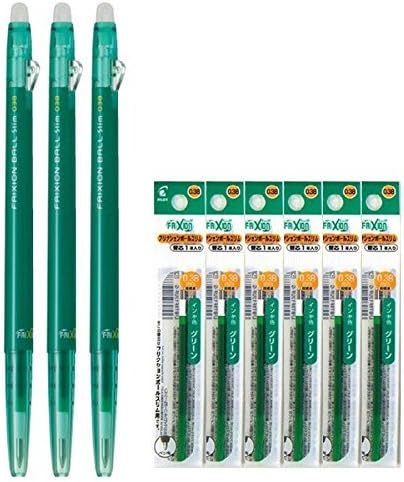 Pilot FriXion Ball Slim 038 Retractable Erasable Gel Ink Pen, Extra Fine Point 0.38mm, Green Ink, 3 Pens & 6 Refills Value Set
