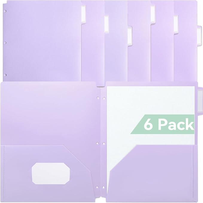 SortRax Plastic Folders with Pockets 3 Hole Punched, 6 Pack Purple Pocket Folders for 3 Ring Binder, Unique 1/3 Cut Tabs with Colorful Labels, Letter Size