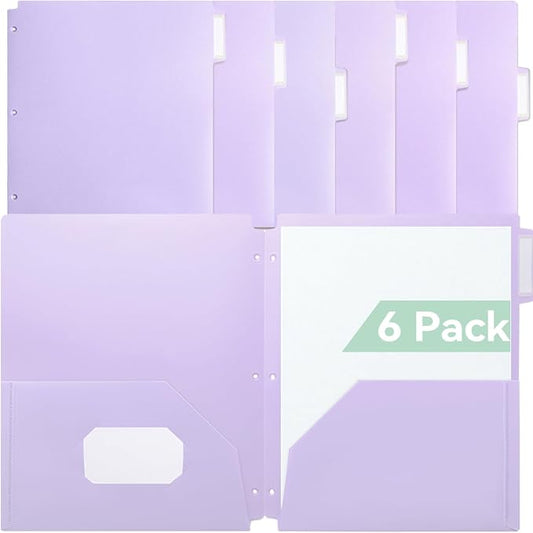 SortRax Plastic Folders with Pockets 3 Hole Punched, 6 Pack Purple Pocket Folders for 3 Ring Binder, Unique 1/3 Cut Tabs with Colorful Labels, Letter Size