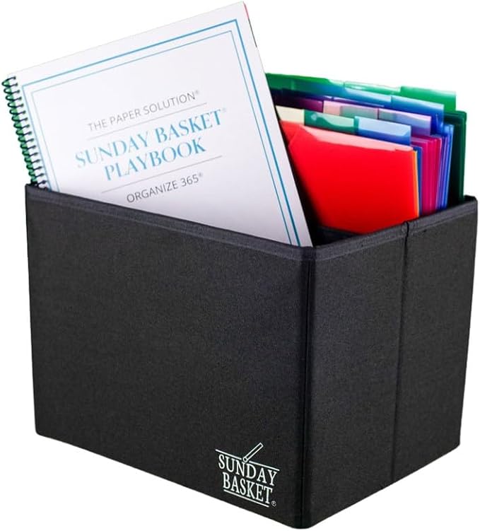 Organize 365 Paper Organizer Solution | Home Office Organization & Document Holder | File Box for Paper Storage | The Classic Sunday Basket® System (Basic Black)