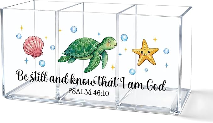Sea Turtle Seashell Starfish Acrylic Pen Holder for Desk, Be Still And Know That I Am God Christian Bible Verse Desk Organizer for Office Home, Back to School Gifts Sea Turtle Gifts for Women