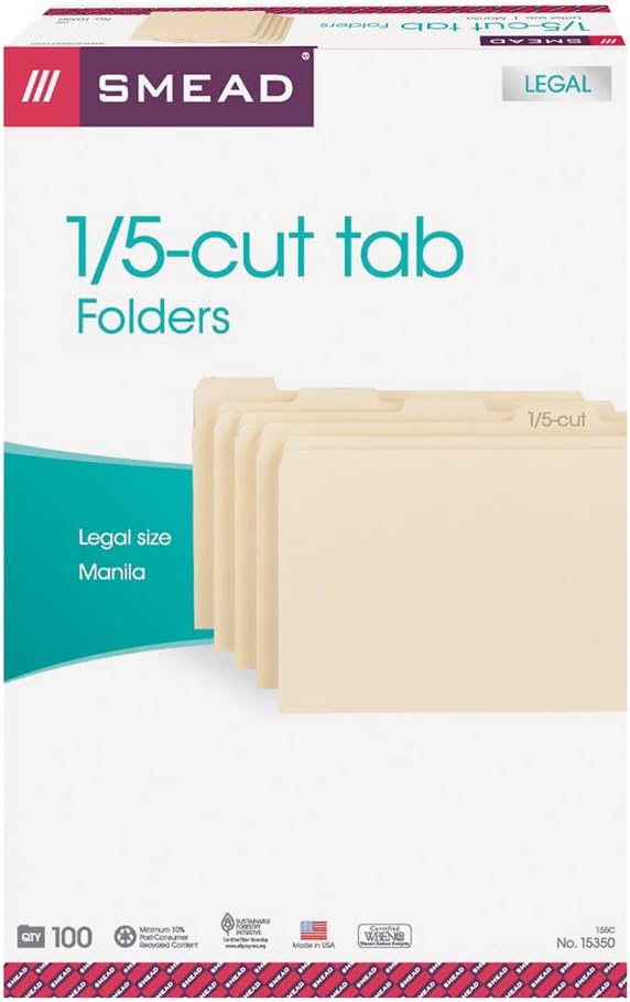 Smead File Folder, 1/5-Cut Tab, Legal Size, Manila, 100 Per Box (15350)