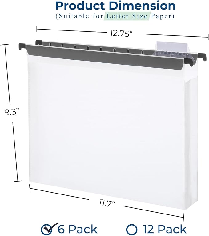 Y YOMA Plastic Extra Capacity Hanging File Folder, Letter Size, 2” Expansion, 6 Pack Clear Reinforced Expanding Hanging Folders with Tabs, Heavy Duty Waterproof Accordion for Bulky Files