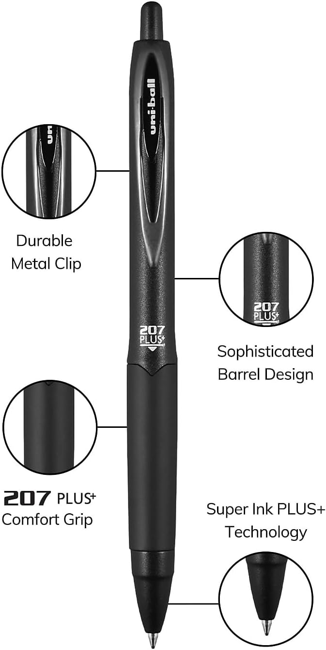 uniball™ 207 Plus+ Retractable Gel Pens, Medium Point (0.7mm), Black Ink, 12 Pack