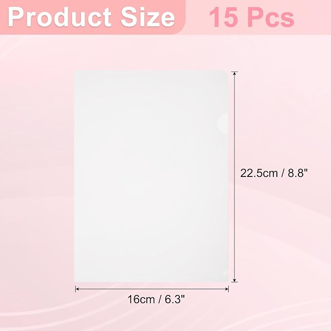 PATIKIL A5 Plastic Folders, 15 Pack Clear Folders L Type Project Pockets Paper Document Jacket Sleeves L Shaped Transparent for Documents Plastic Office File, 6.3x8.8in, Transparent