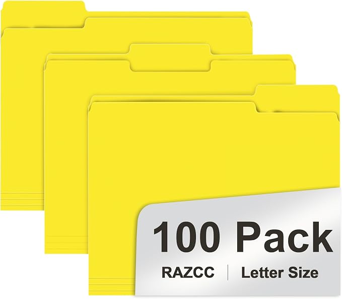 RAZCC File Folders, 100-Pack, 1/3 Cut, Letter Size, Yellow, Great for Organizing and Easy File Storage