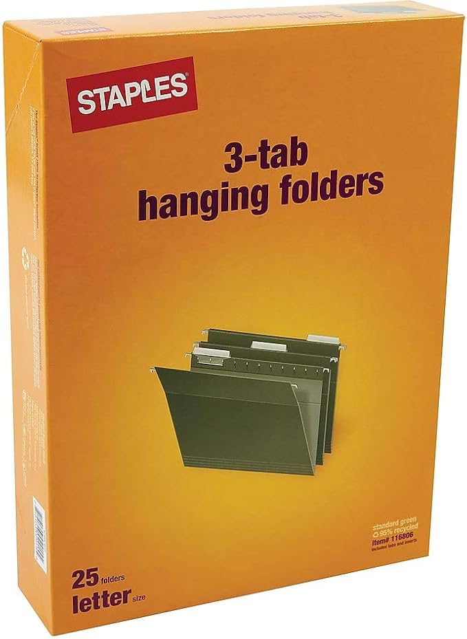 Staples Hanging File Folders, Letter Size, 1/3‑Cut Tabs, Standard Green – Bulk 250/Carton