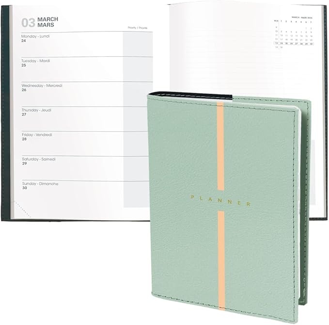 Quo Vadis 2026 Note - Bi-Lingual (EN/FR) - Weekly/Monthly Planner - 16 Months, Sept. 2024 to Dec. 2026 - 6" x 8 1/4" - Grained Faux Leather Billy Green Cover - A Modern Design for Journaling and Detailed Planning
