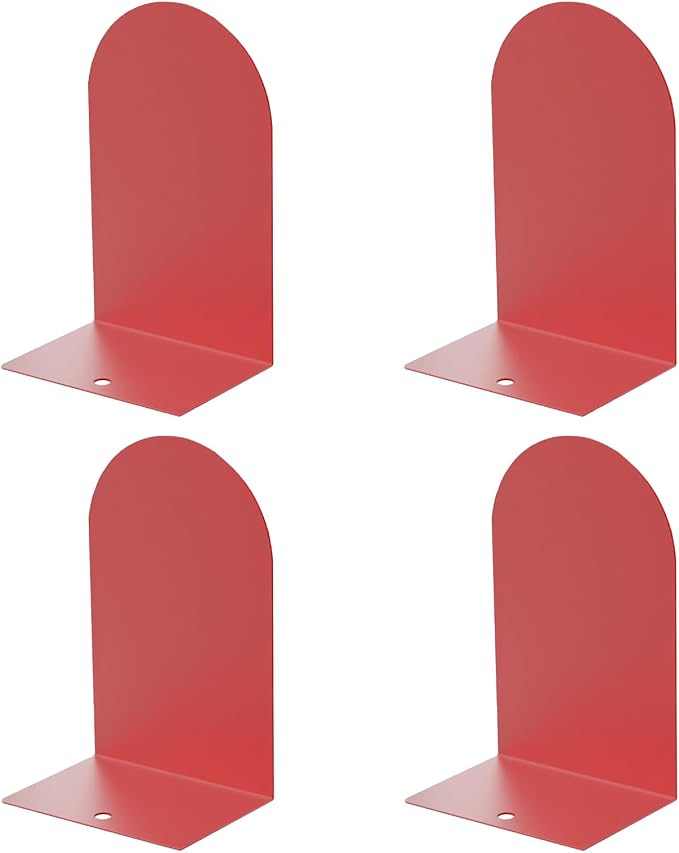 MerryNine Metal Book Ends, 4 Pack Red Bookends for Shelves, Book Holder for Heavy Books, Book End for Kids Books, Decoration Bookend for Home Office