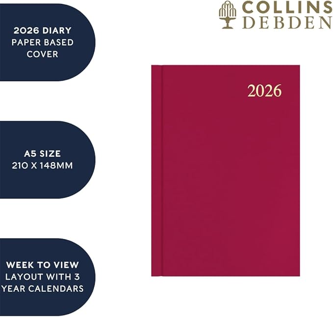 Collins - Essential - 2026 12 Month Calendar Year Planner, Week-To-View Diary, A5 Hard Cover - Dark Blue (ESSA53.65-26)