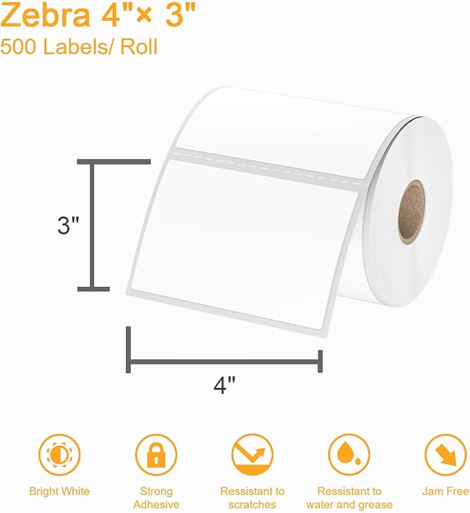 (6000 Labels 3-Proof 1" Core) Labelebal 12 Rolls 4" x 3" Direct Thermal Label (101mm x 76mm) Multipurpose Shipping Address Mailing Barcodes Stickers Compatible for Zebra & Rollo Desktop Label Printer