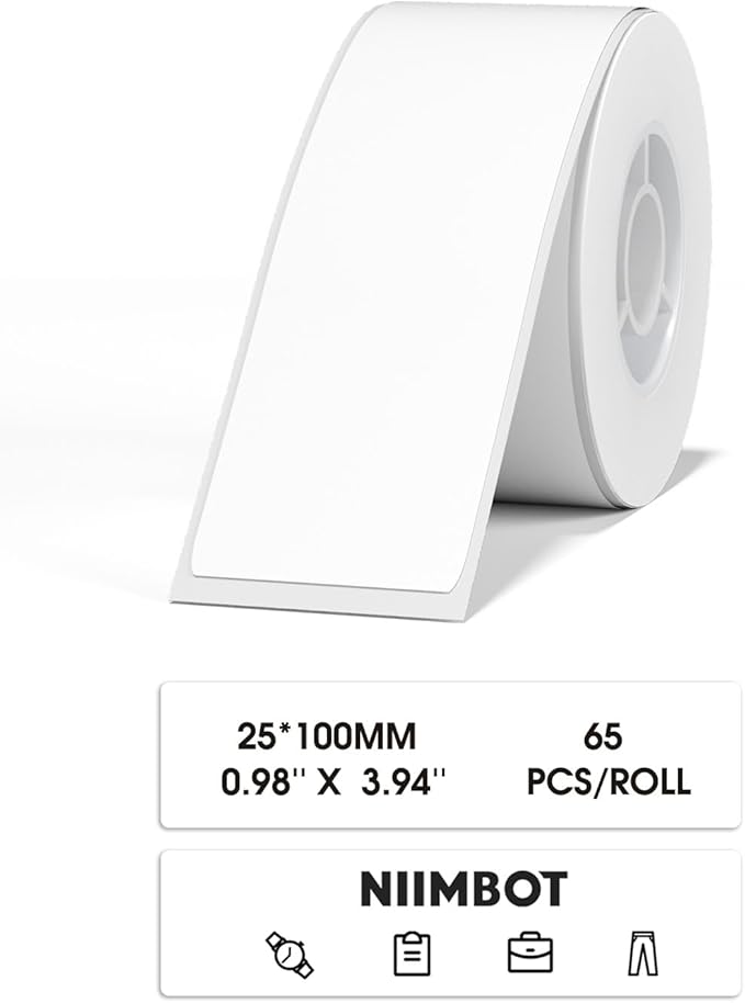 NIIMBOT D101 Label Maker Tape D101 Adapted Label Print Paper, Self-Adhesive Labeling Tape Replacement 25 X 100 mm Thermal Label Tape for Home Office, 65 Labels/Roll, White