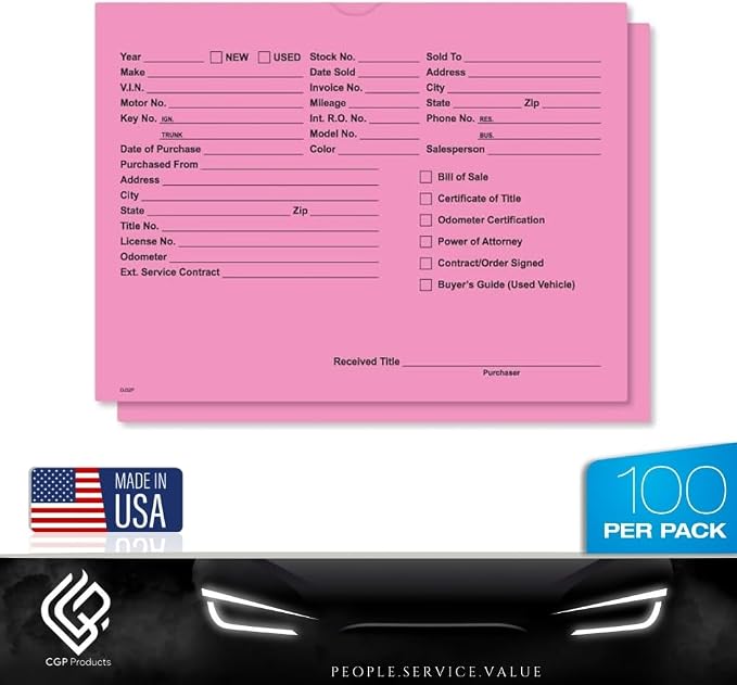 Printed Vehicle Deal Jackets Envelopes Folders for Auto Car Dealerships - 9x12 Size - Dealer Supplies - New and Used Cars - 100 Quantity (Fuchsia)