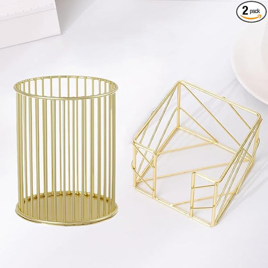 2Pcs Post sticky Note Holder + Pens Holders,Desk organizer sets,Gold Metal suit for Desk Memo,tableware,flowers,toothbrush,cute pencil holder ,Home Office decor and Accessories,Makeup Brushes Cup.