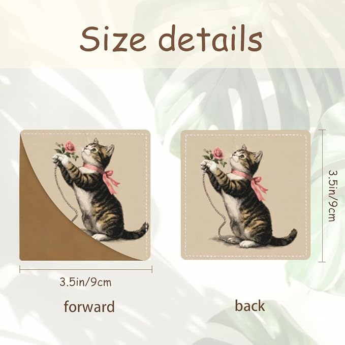 2PCS PU Leather Bookmarks 3.5x3.5 Inch Cat Rose Design | PU leather bookmarks with cat and pink rose design for novels, journals, planners, students, teachers and book lovers.