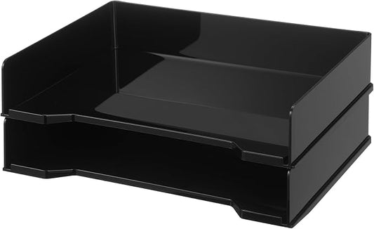 DoubleFill 2 Pcs Stackable Letter Tray Rectangular Plastic Desk Organizer 13 x 9.5 x 2.6 in Paper Holder File Tray Accessories Rack for Desktop Office Desk Drawers (Black)