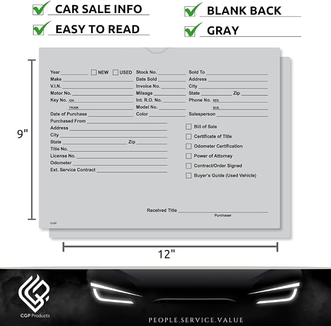 Printed Vehicle Deal Jackets Envelopes Folders for Auto Car Dealerships - 9x12 Size - Dealer Supplies - New and Used Cars - 100 Quantity (Gray)
