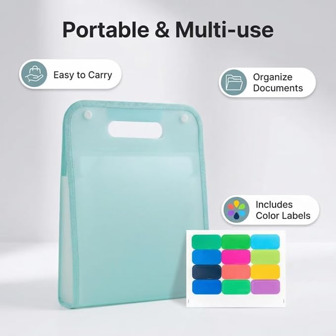 Translucent Vertical Accordion File Folder,13 Pockets Expanding File Organize with Labels,A4 Letter Size Document Receipt Organizer Accordion Filing Folder for School, Home,Office.(Green)