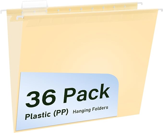 Plastic Hanging File Folders, 36 Pack Manila Hanging Folders，Letter Size with 1/5-Cut Tabs, Strong for Bulk Files, Documents and Paper, Office & Home Filing