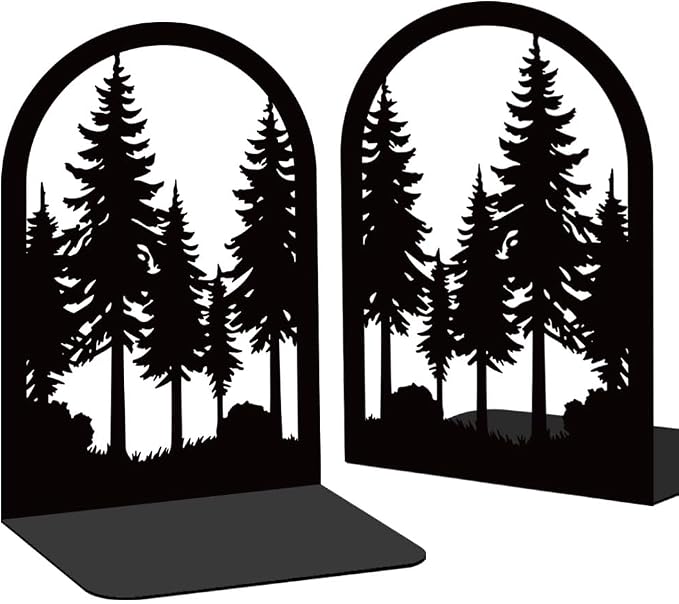 Forest Book Shelf Decorative Bookends for Shelves, Book Ends for Heavy Books, Black Pine Tree Metal Bookends for Desk Organizer, Office Library Decor Decorative Books for Home Decor