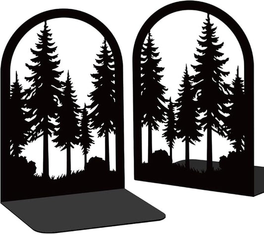 Forest Book Shelf Decorative Bookends for Shelves, Book Ends for Heavy Books, Black Pine Tree Metal Bookends for Desk Organizer, Office Library Decor Decorative Books for Home Decor