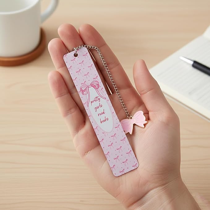 Pink Bowknot Stainless Steel Bookmark - Printed with Cute Bowknot Patterns & Equipped with Heart Pendants, Ideal for Female Readers, Perfect Birthday Gift for Girlfriends (2pcs Set A)